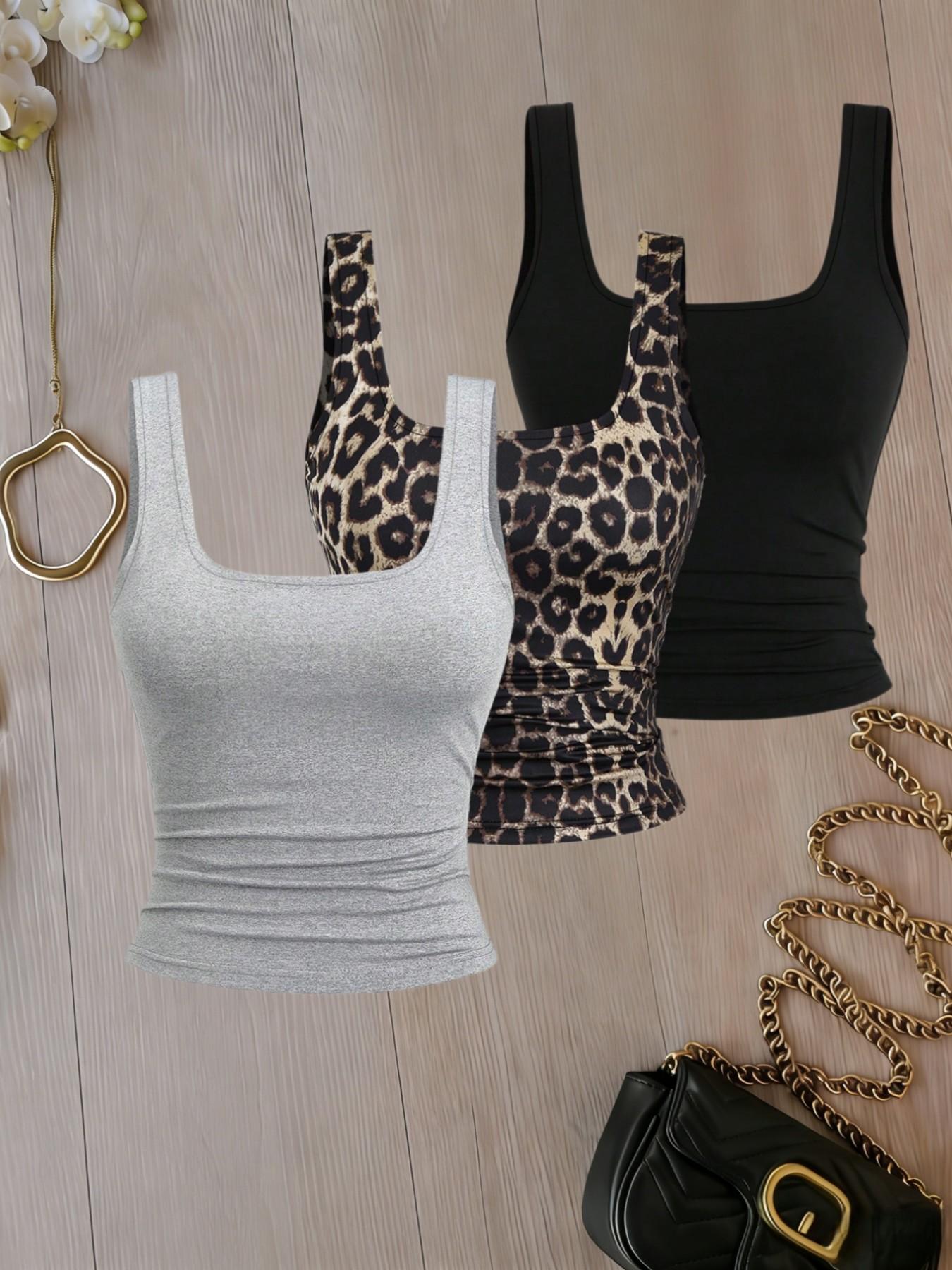 Basic Square Neck Vest Set, Leopard, Slim Fit Ruched Design, Casual, Essential Layering Piece for Daily Wear, Three-Piece