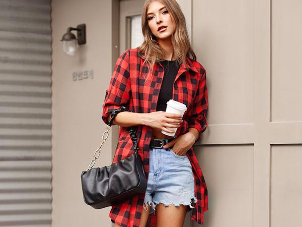 Women's Flannel Plaid Shirts Roll Up Long Sleeve Collared Button Down Boyfriend Shirts with Pockets Blouse Casual Cotton Top Womenswear Check Dress Elegant Lightweight Loose