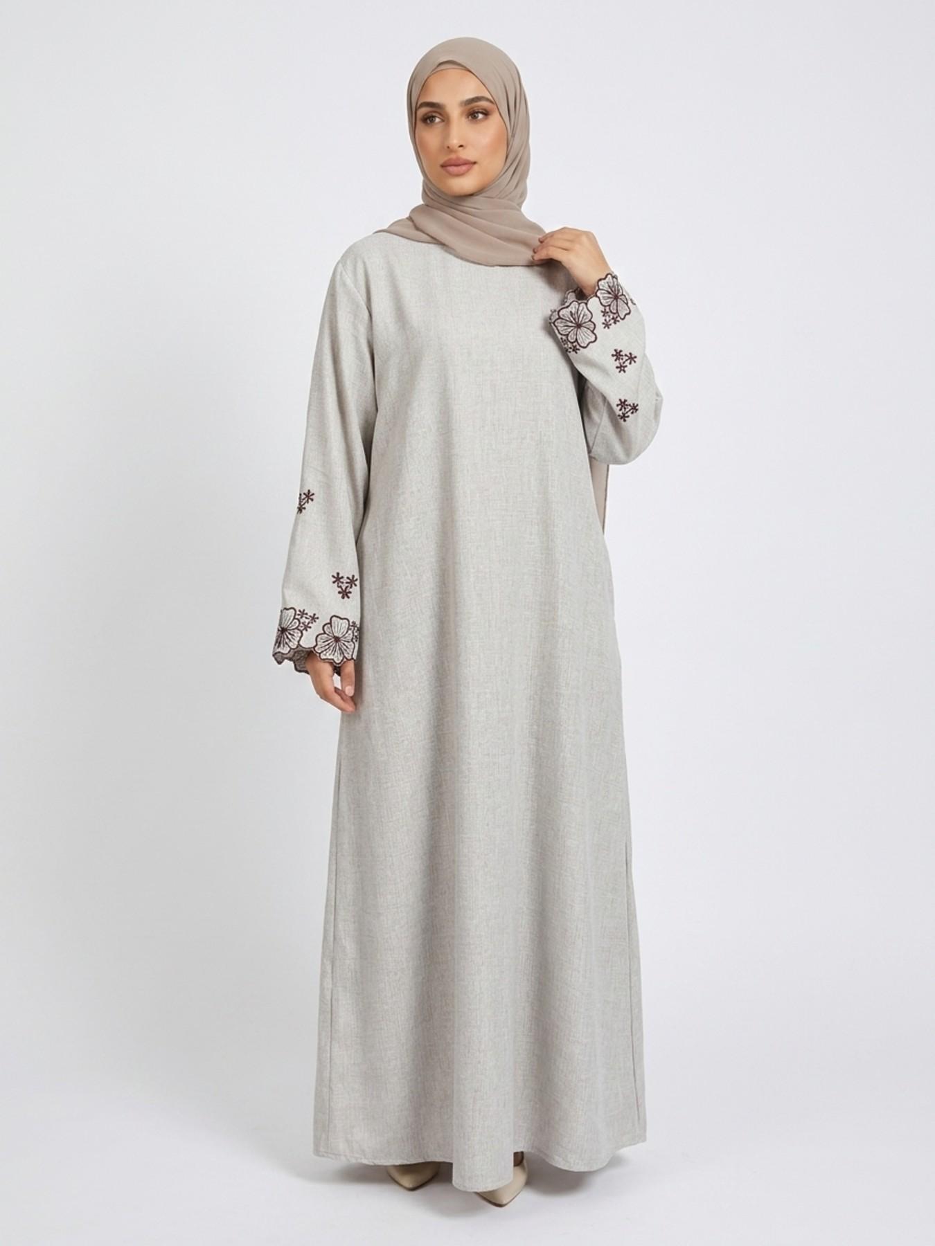 Elegant Embroidered Abaya Maxi Dress, Linen-Like Fabric, Pockets & Belt Included, Perfect for Special Occasions, Women's Fashion Muslim Clothing, Islamic Modesty Clothes