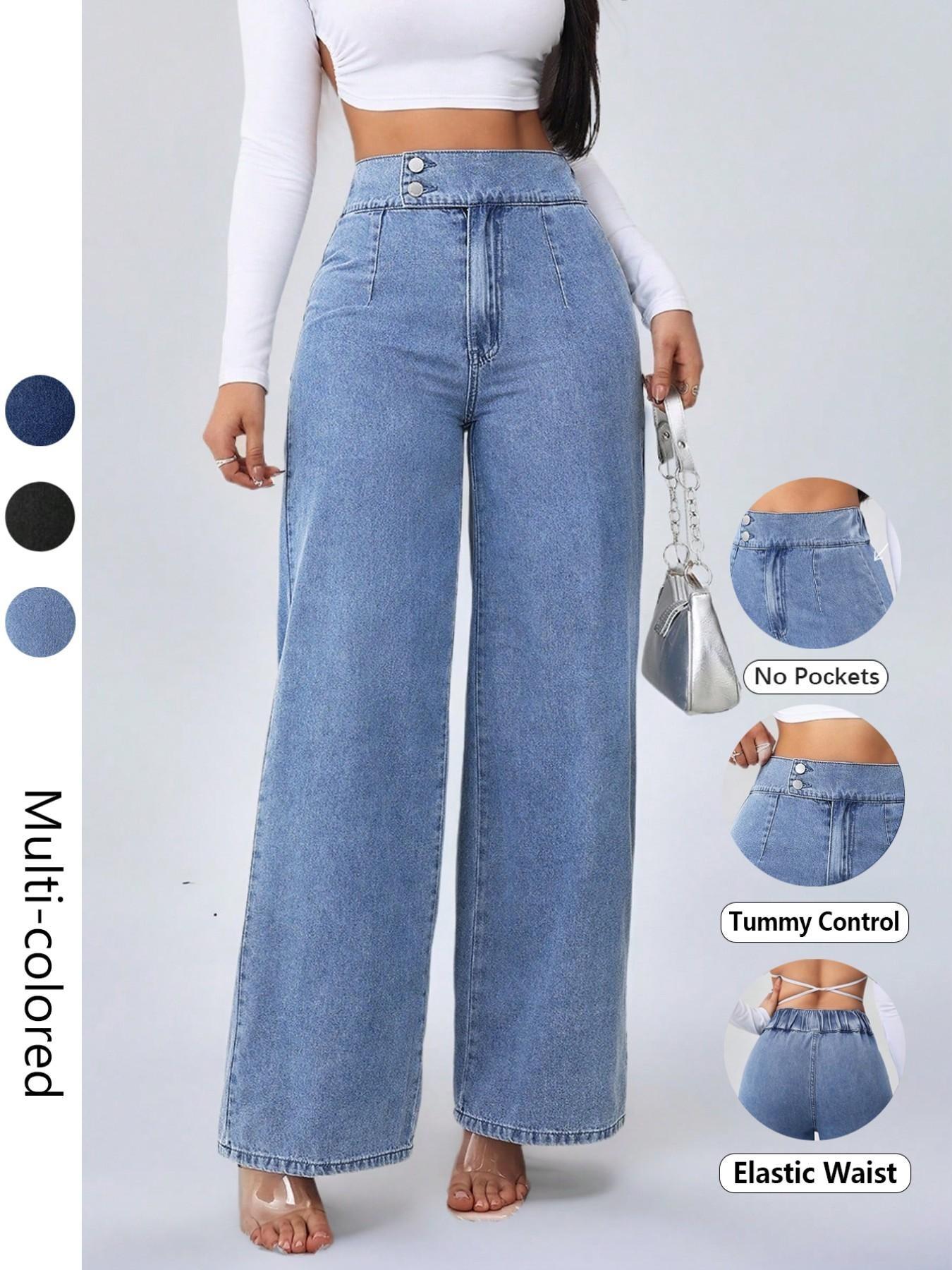 Women's Vintage Elegant High Waist Wide Leg Jeans, Button Front Elastic Waist Loose Fit, Casual Fashion Pants for All Seasons