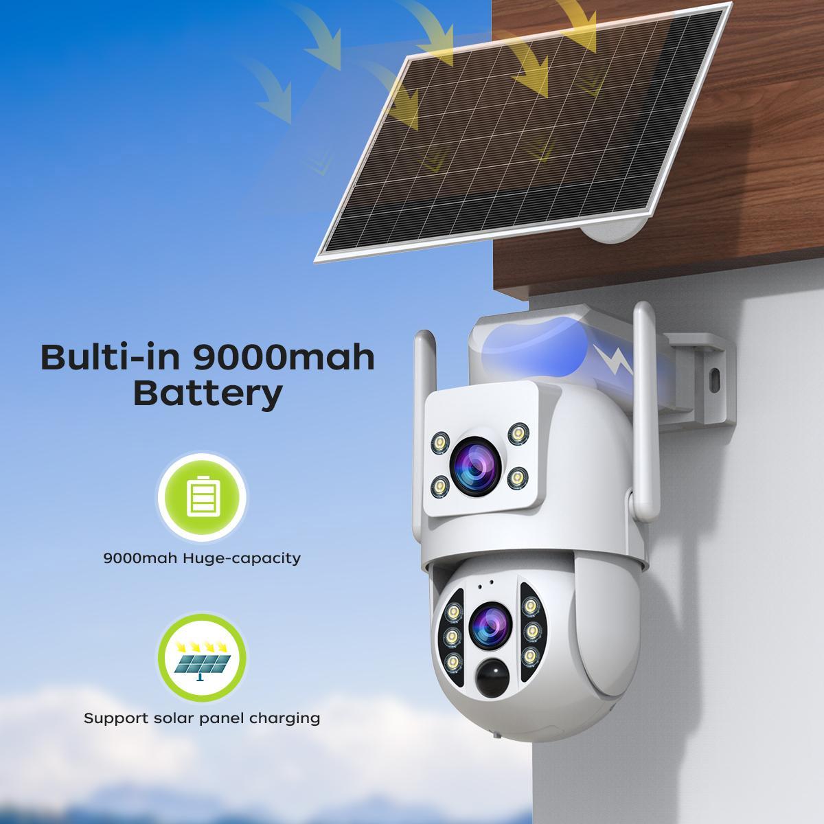 【JOOAN 2K 3MP WiFi Wireless Solar Dual Lens Outdoor 360° PTZ Dual Screen Security Camera】Outdoor/Indoor IP66 Waterproof, Color Night Vision, PIR Human Detection, Two-Way Talk, Auto Tracking, Siren Alarm, SD/Cloud Storage (Optional), Alexa Compatible