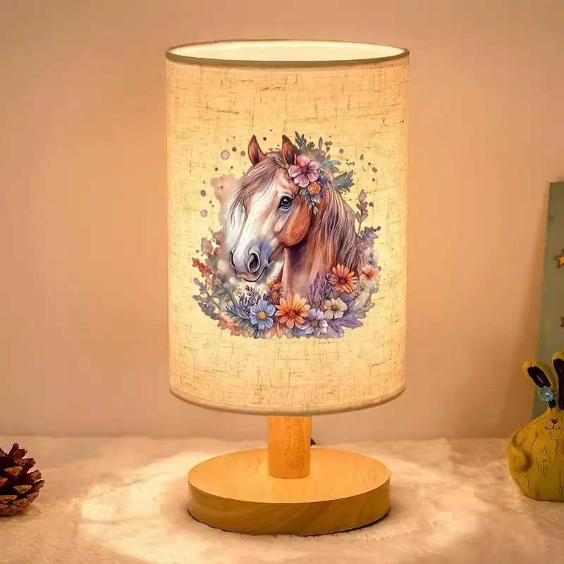 Bedroom decorative bedside table lamp, featuring a floral and horse-themed print for a cozy ambiance, suitable for living room and dining table lighting. This indoor table lamp comes with a lampshade and is perfect for home and office use. It can also be