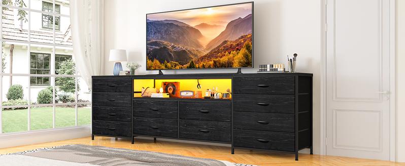 Raybee Furniture Fits 75" TV Stand Dresser for 65 70 75 Inch TV 63"W Dresser TV Stand for Bedroom with LED Lights & Power Outlets & 12 Drawers Dresser for Bedroom Long Fabric Dresser Entertainment Center