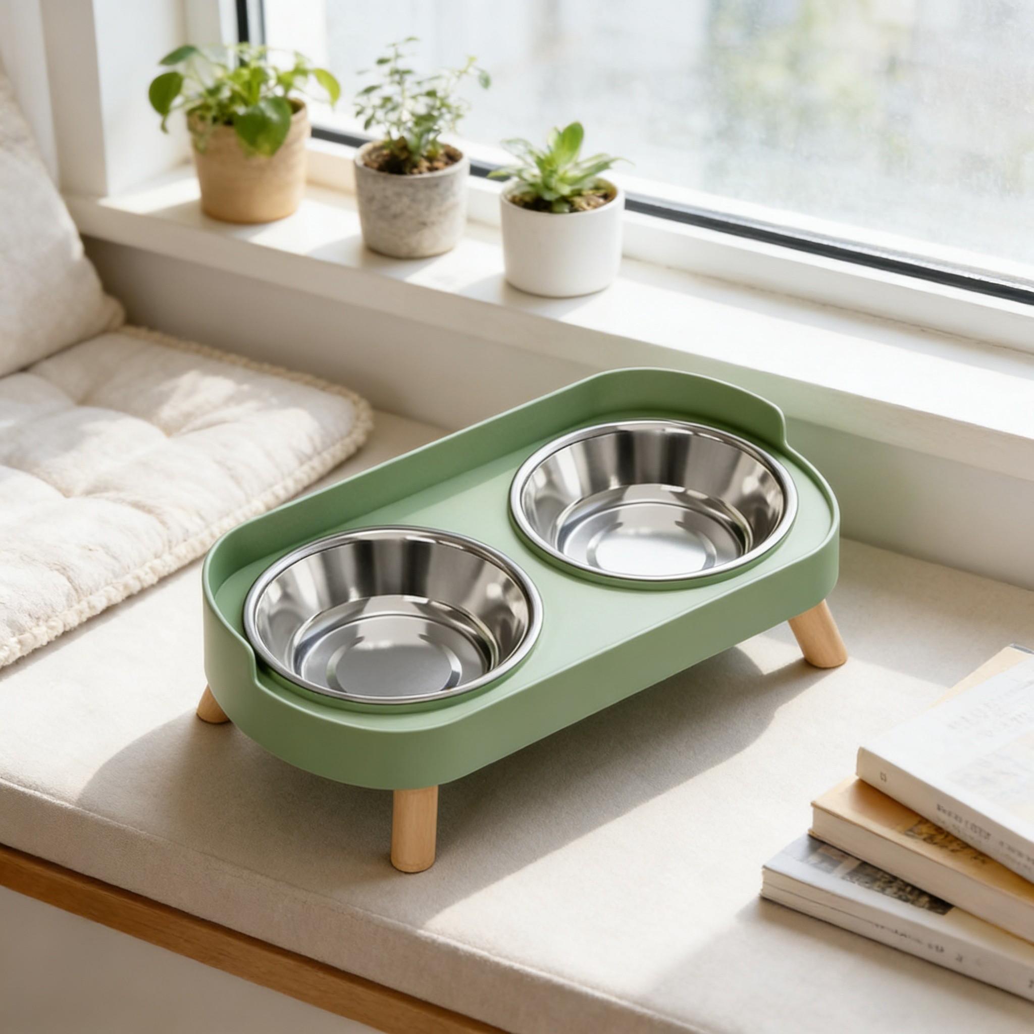 Anti-Spill Dual Bowl Pet Food Dish, Cat Dog Universal Feeder, Large Mouth Stainless Steel, Neck Protection Design, Essential Pet Care Tool