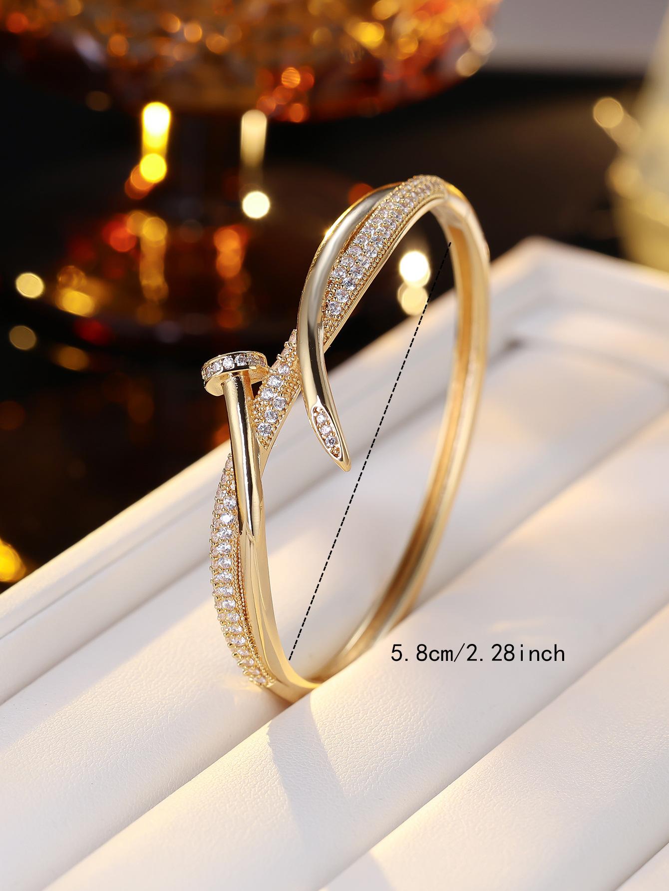 Luxury Micro‑Paved Zircon 18K Gold‑Plated Nail Bangle For Women, Minimalist Luxury Unique Designer Bracelet