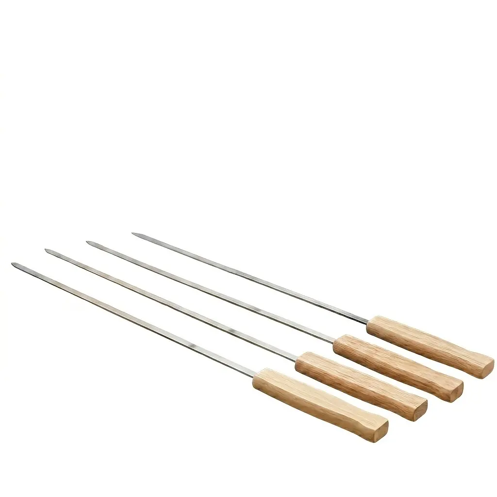 4-Piece Stainless Steel BBQ Skewers Set, Multi-Functional Metal Skewers with Rubber Wood Handle, Ideal for Grilling and Outdoor Cooking