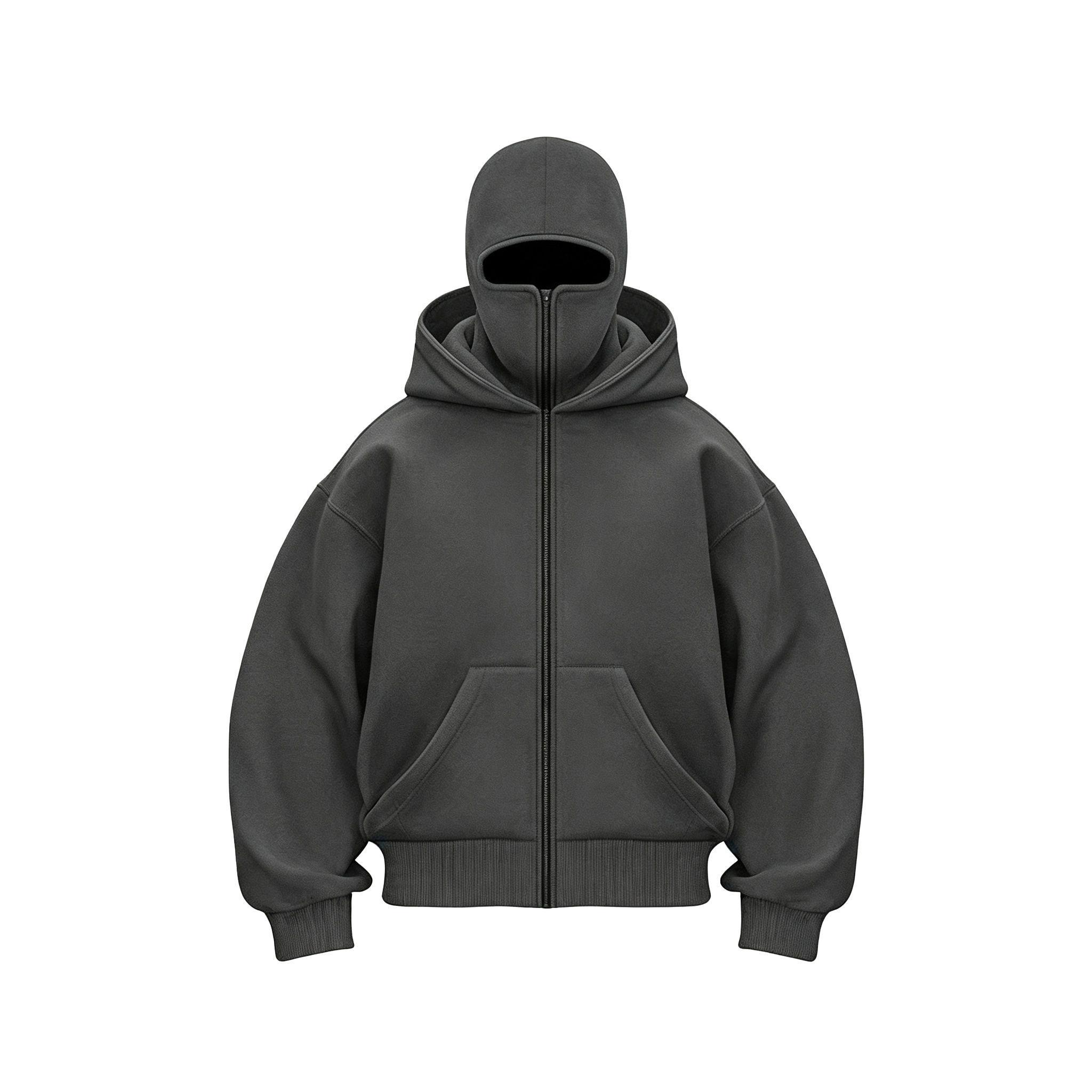 Black Full Zip Balaclava Hoodie for Men & Women, Oversized Streetwear Hooded Jacket with Face Cover, Warm Long Sleeve Sweatshirt, Kangaroo Pockets, Casual Winter Outdoor Travel Motorcycle Cycling Hip Hop Y2K Daily Wear, Unisex Urban Fashion Outerwear Coat