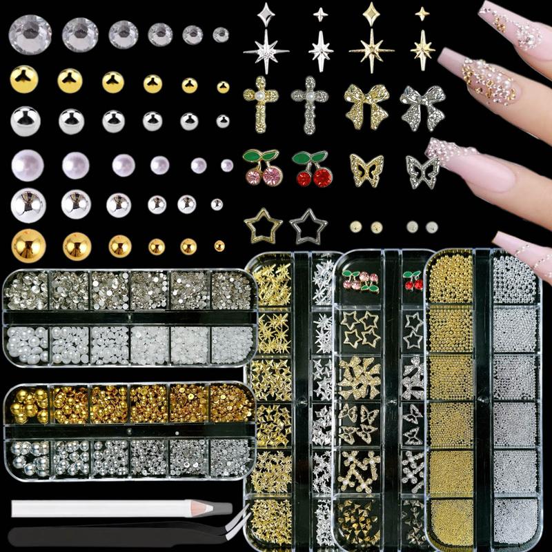 1Set 3D Gold Nail Charms Y2K, Cross Nail Charms and Gems, Gold Bow Cherry Star Charms for Nails Gems, Shine Silver Rhinestone Butterfly Charms Nail Pearls Metal Caviar Beads Accessories for Women DIY, Rhinestone Bow Decorated