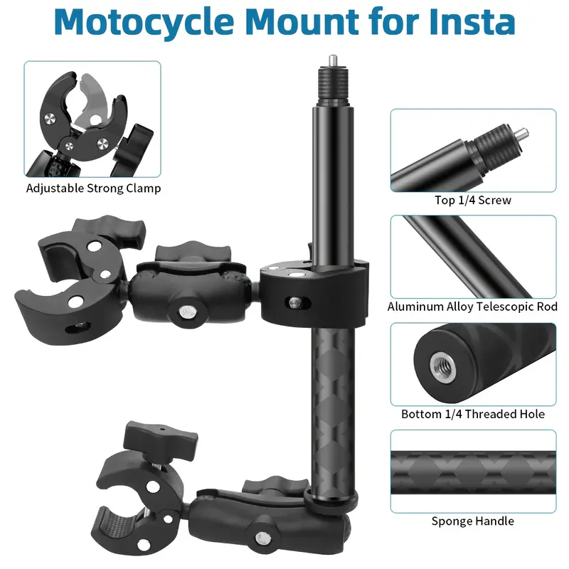 2026 New Motorcycle Mount Kit Holder, Suitable for Insta360 One X5 X4 X3 X2 RS DJI OSMO Gopro, Robust Motorcycle Clamp Mount, Extendable Panoramic Stick, Non-Slip CNC Base, Ideal for Cycling Videos, Umbrella Clamp