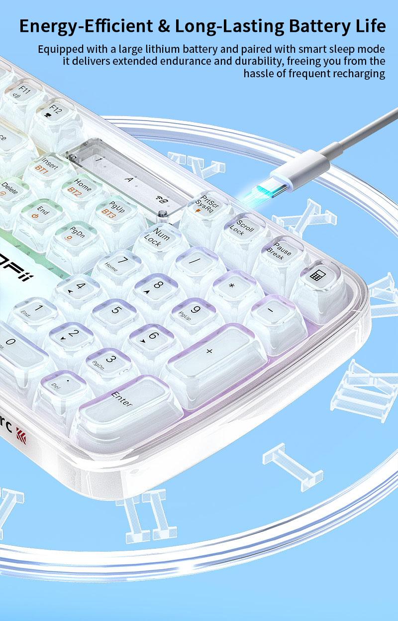 MOFii 708 RGB Backlit Full-Size Keyboard, Stylish White Transparent Keycaps, Tri-Mode Rechargeable, US Qwerty, Compatible with Phones & Tablets, Must-Have for Office & Gaming