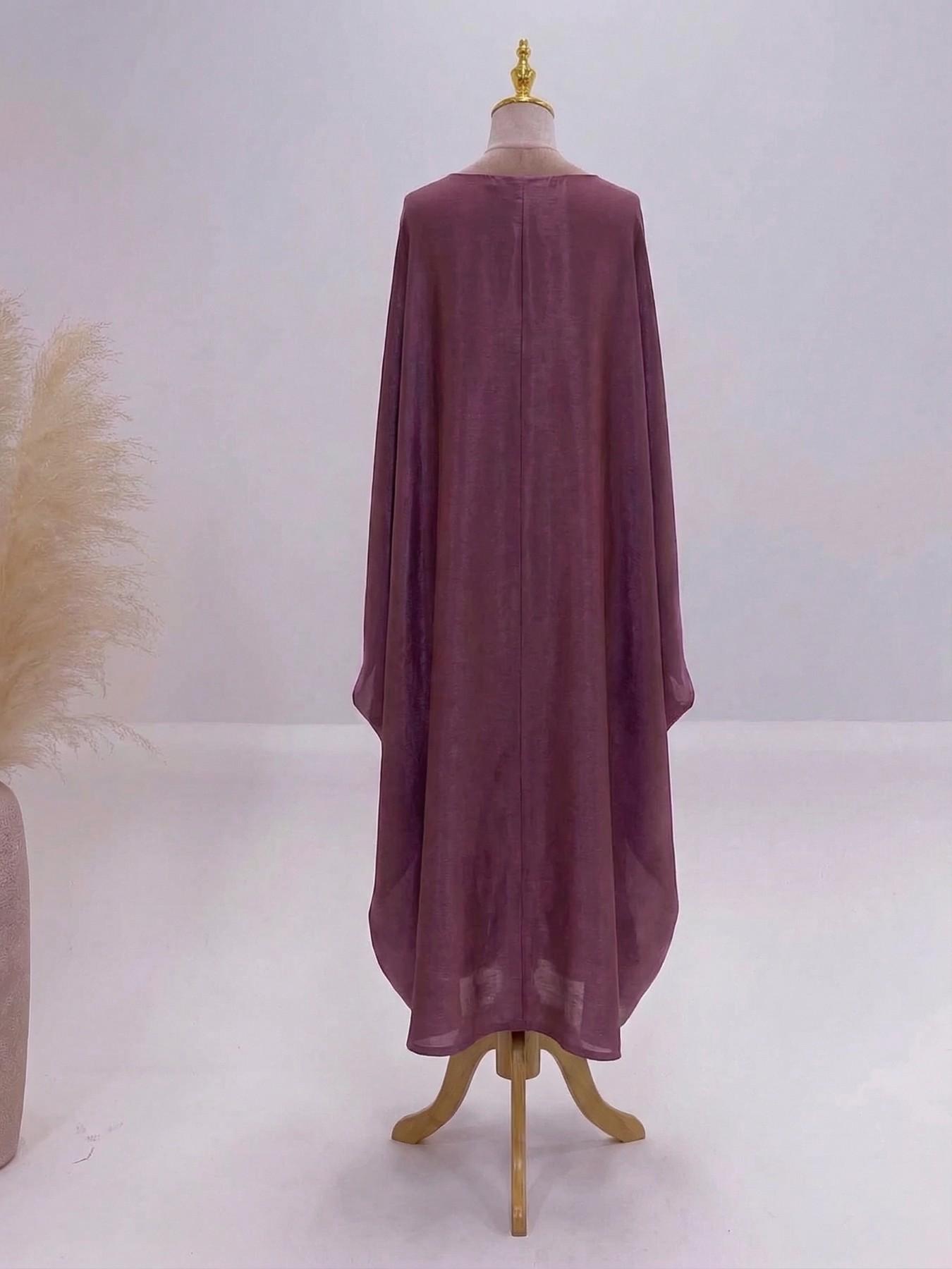 Women's Solid Color Round Neck Kaftan Robe, Muslim Women's Gowns, Modest Fashion Long Sleeve Dress for Daily Wear, Women's Islamic Clothing for All Seasons