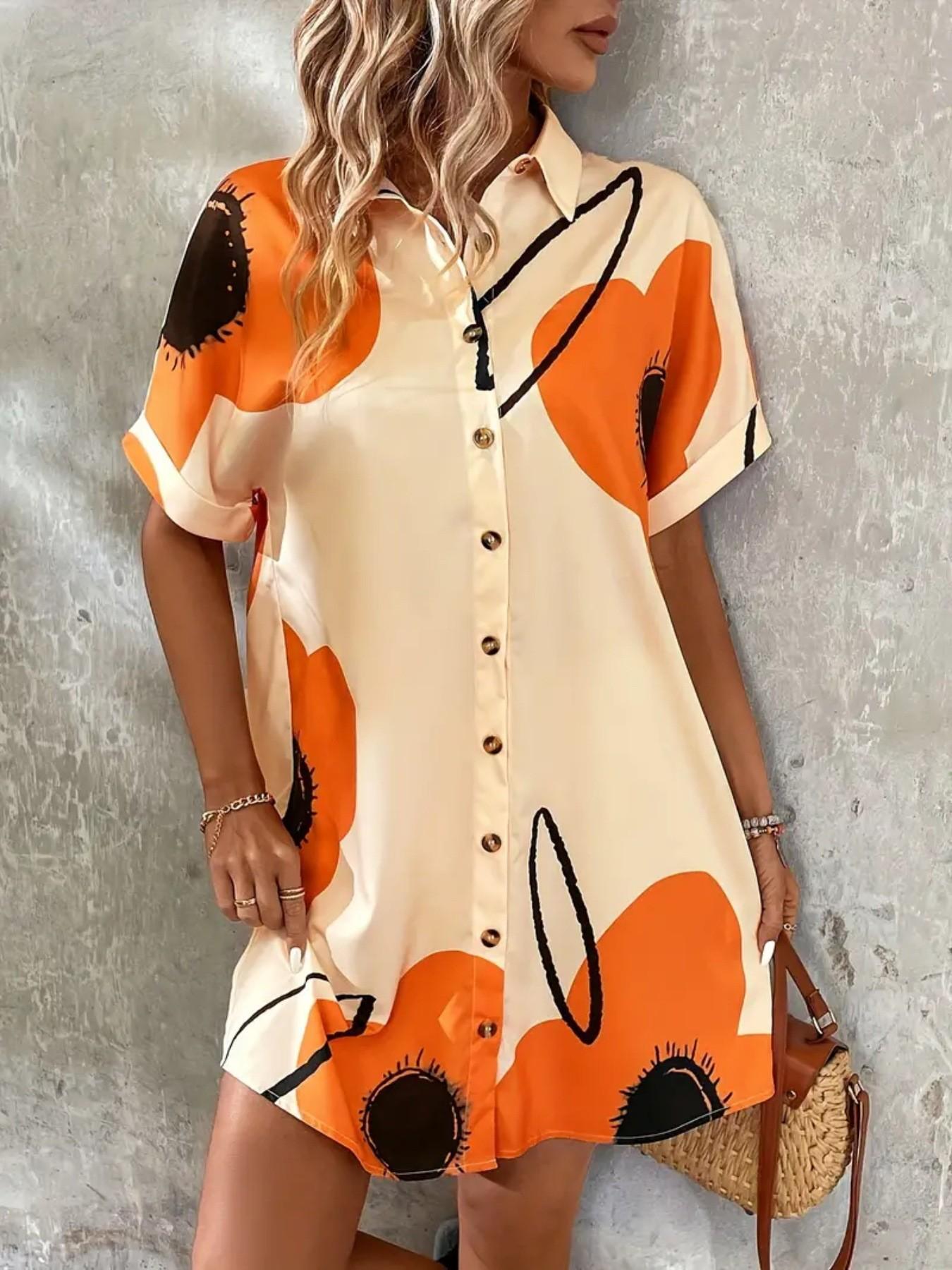 Spring Summer New Print Fashion Casual Women's Short Shirt Dress, Stylish Ladies' Clothing, Perfect for Daily Wear & Button