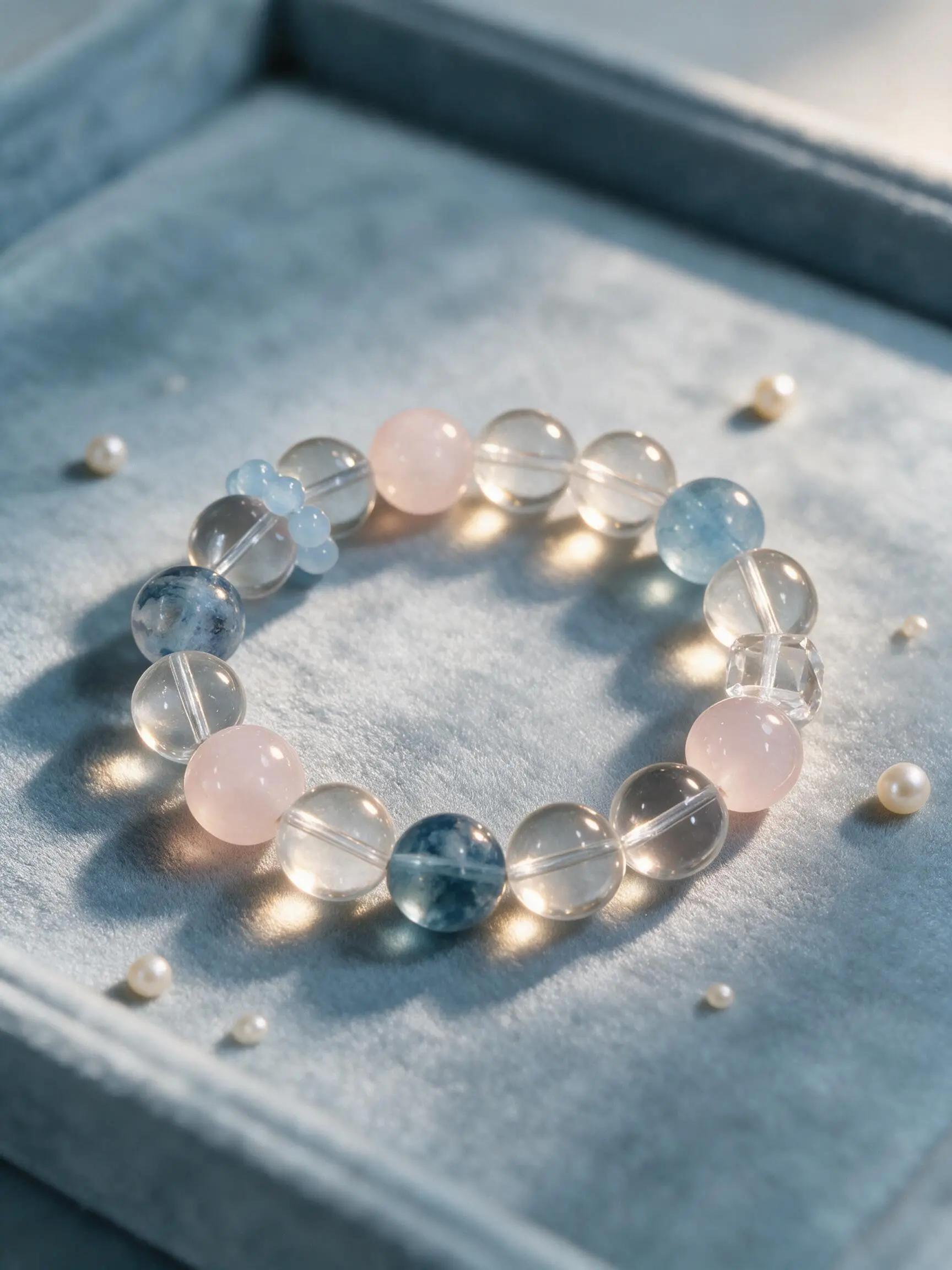 Natural Mixed Crystal Beaded Stretch Bracelet, Rose Quartz, Aquamarine & Clear Quartz Stackable Wrist Bracelet, Pastel Multicolor Round Bead Jewelry, Elegant Handmade Bracelet Gift for Women