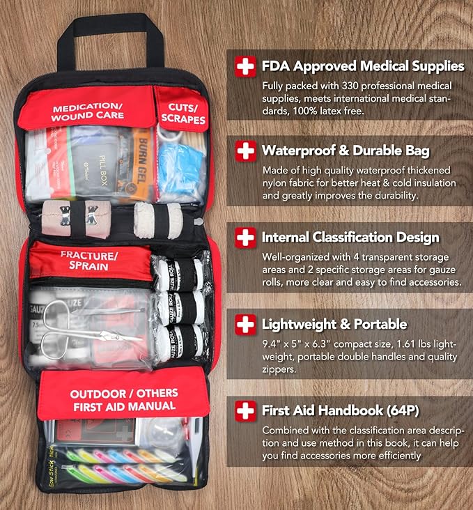 First Aid Kit, Premium Waterproof Compact Trauma Medical Kits for Any Emergencies, Ideal for Home, Office, Car, Travel, Outdoor, Camping, Hiking, Boating, Valentine's Day Gift (Red)