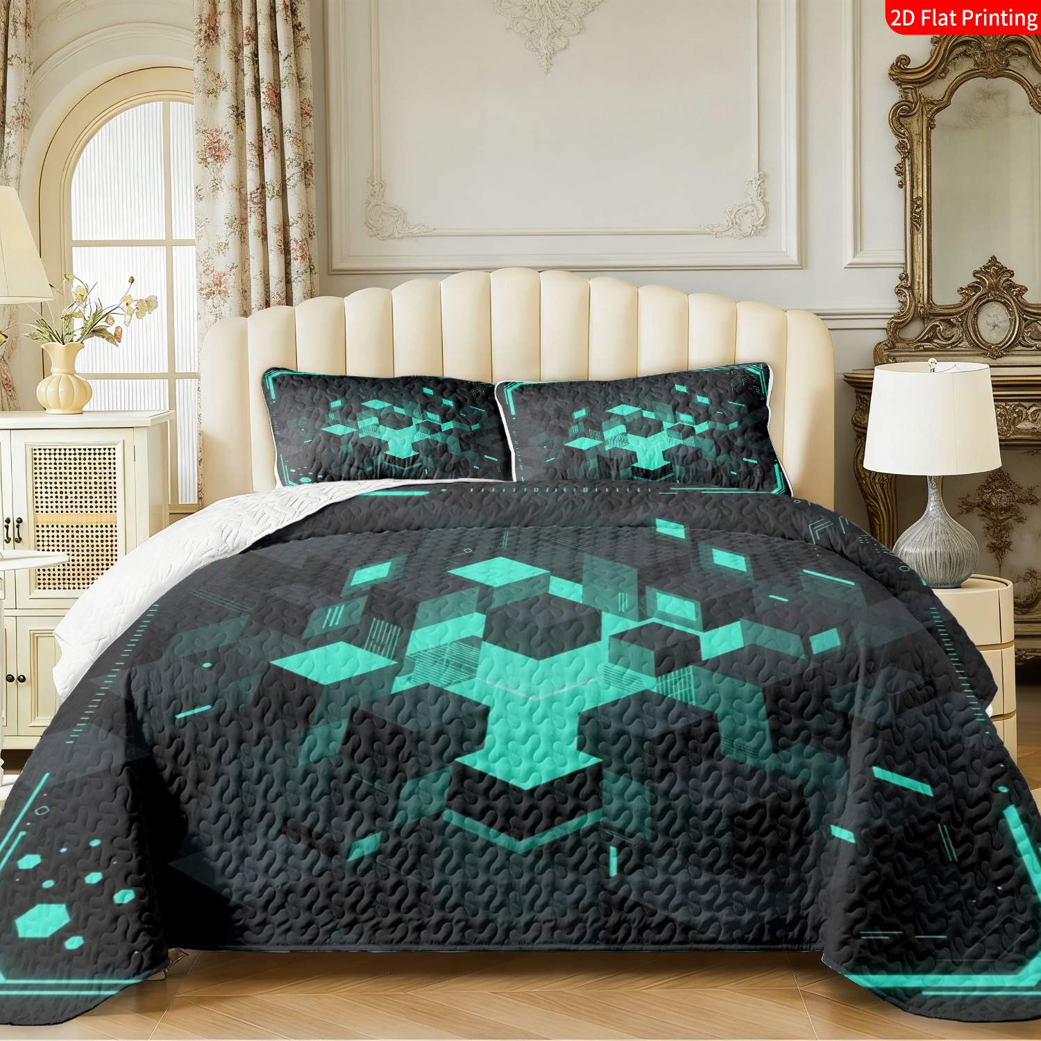 3 pcs, 2D Flat Print Neon Geometric Cubes Bedspread Set, Soft and Comfortable, Multiple Sizes Available, Suitable for Gifting and Daily Use, Ideal for Creating a Cozy Home Atmosphere(1 bedspread , 2 pillowcases)
