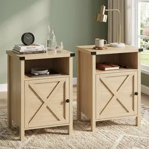 Set of 2 Farmhouse Nightstands, Wooden Bedside Table with Cabinet and Open Shelf, Multifunctional End Side Table, Rustic Night Stand for Bedroom Living Room Home Decor