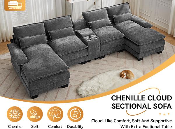 125'' U Shaped Cloud Modular Sectional Sofa with Chaise Lounges, Chenille Upholstered Comfy Couch with Storage Console, USB Charging Ports & Cup Holders, Modern Deep Seat Sofa for Living Room, Beige