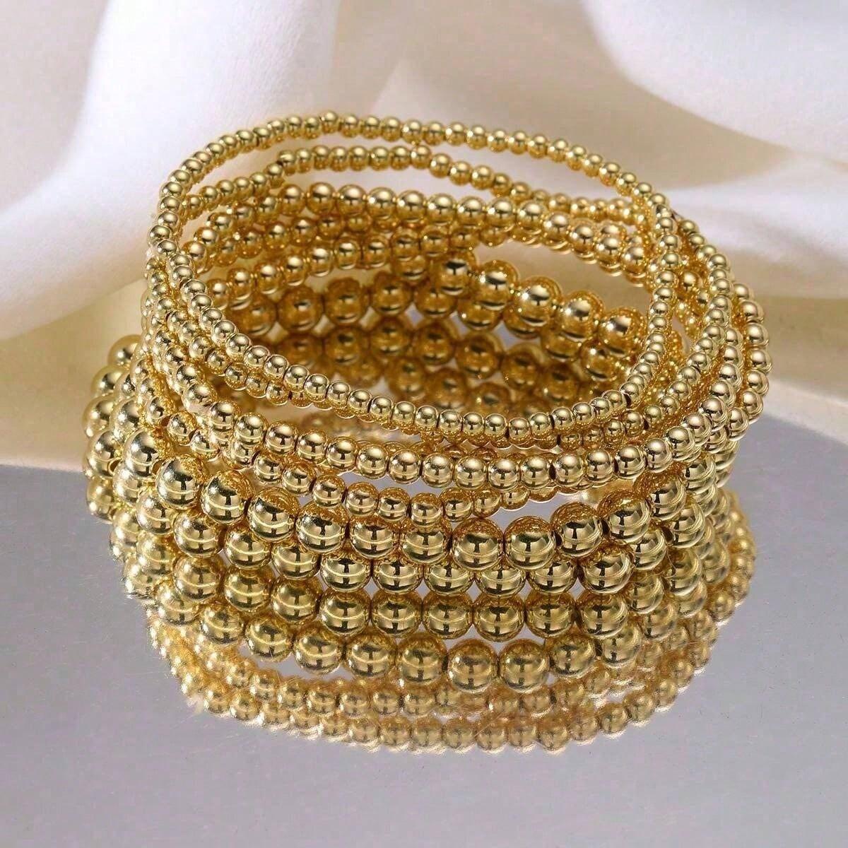 7Pcs Women's 14K Gold Plated Bracelet Set, Pearl Beaded Bohemian Layered Stackable Bracelets, Elastic Comfort Jewelry Gift for Ladies