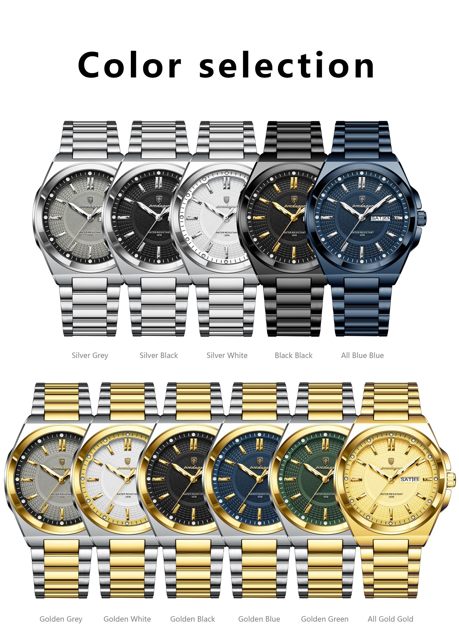 Poedagar Top Business Men's Watches, Stainless Steel Waterproof Luminous Man Watch, Date Week Display, Casual Fashion Quartz Wristwatch, Casual Trendy Wristwatch, Stylish Watch