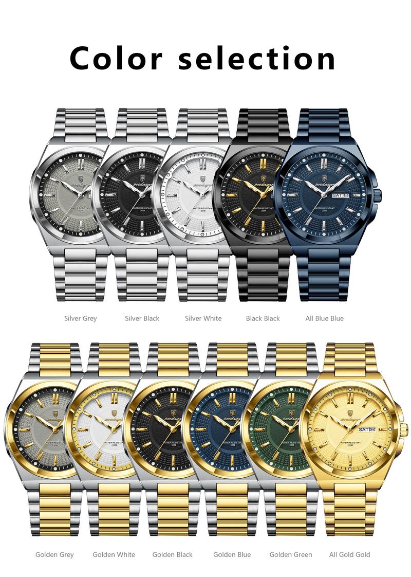 Poedagar Top Business Men's Watches, Stainless Steel Waterproof Luminous Man Watch, Date Week Display, Casual Fashion Quartz Wristwatch, Stylish Watch