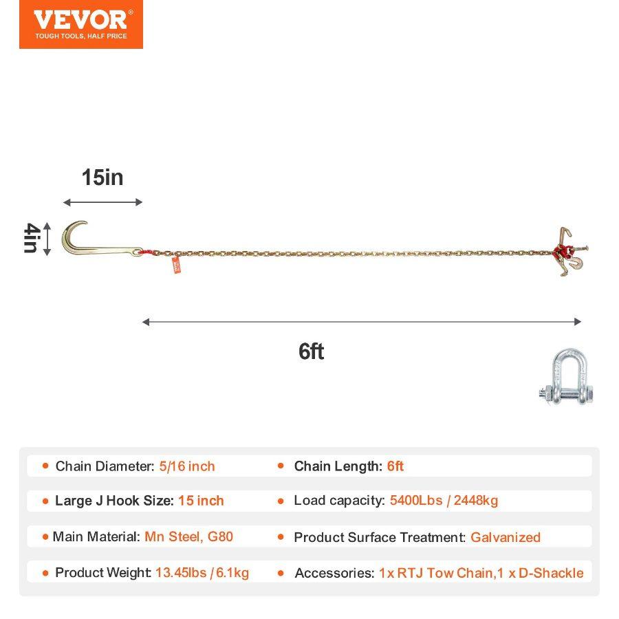 VEVOR G80 Steel J Hook Tow Chain, 5/16x6 ft Metal Chain with 15 Long Shank, RTJ Cluster & Grab Attachments, 5400 lbs Safe Working Load for Wrecker Recovery, Trailer Transport