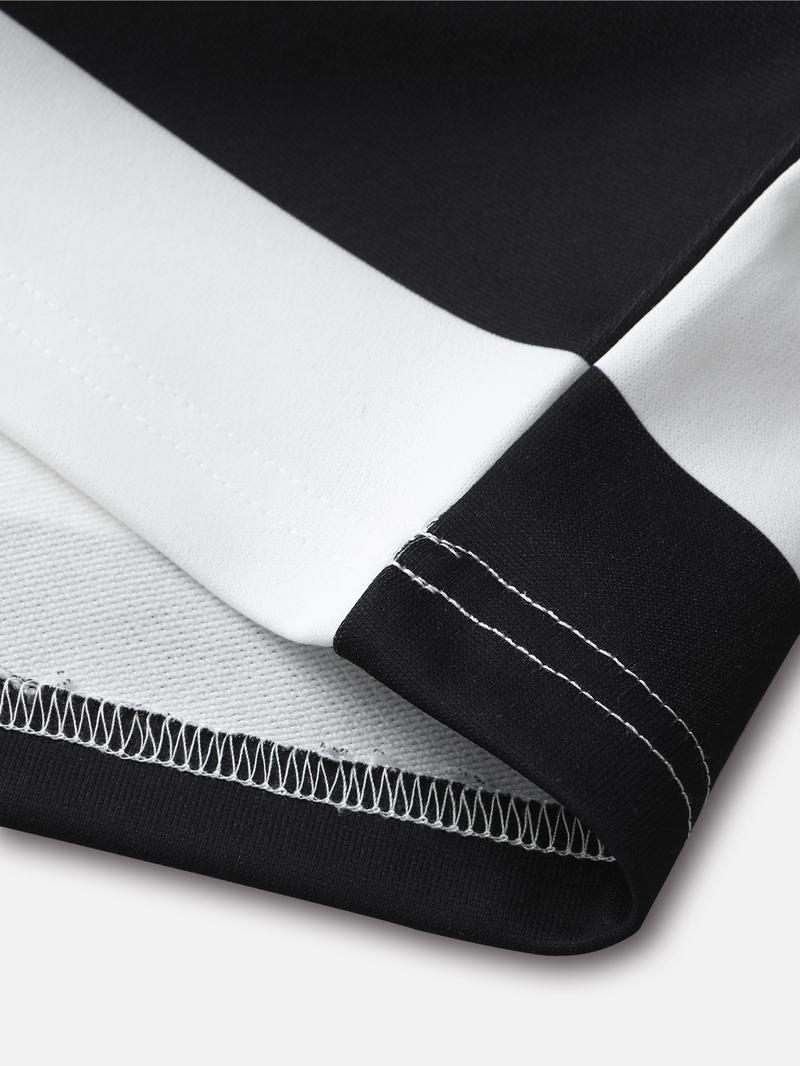 Men's Black and White Stripe Polo Shirt with Velocity Vandal Graphic, Streetwear Collared Shirt with Vintage Text for Casual Fashion