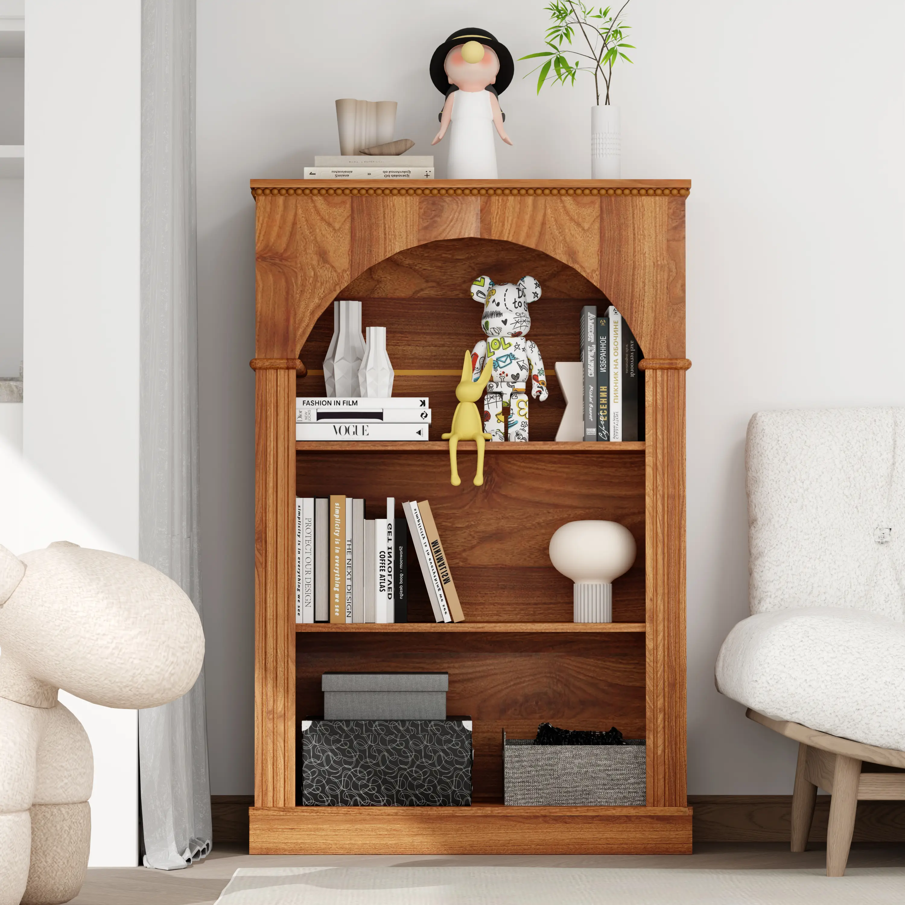 Nokaa 3-Tier Arched Open Bookshelf Freestanding Bookcase with Decorative Beaded Trim Walnut Melamine Display Shelf for Living Room Home Office Bedroom Hallway Storage, Walnut Finish, Melamine Material, 44.10 lb