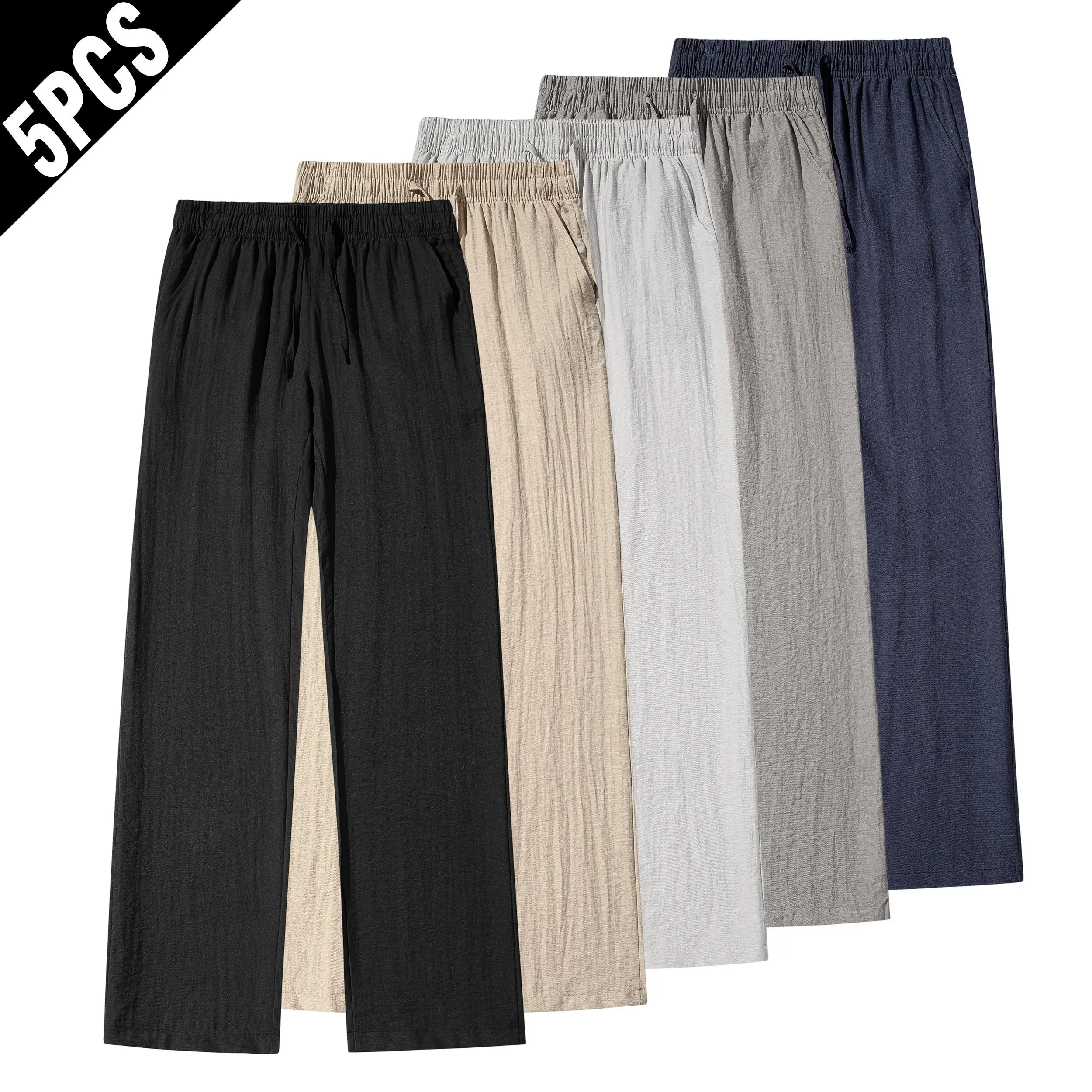 Men's 5-Pack Plain Linen Textured Wide Leg Pants - Elastic Drawstring, Breathable Lightweight, Menswear Clothes, Casual Comfy Loose Loose-Fit All-Season Trousers (Beige)