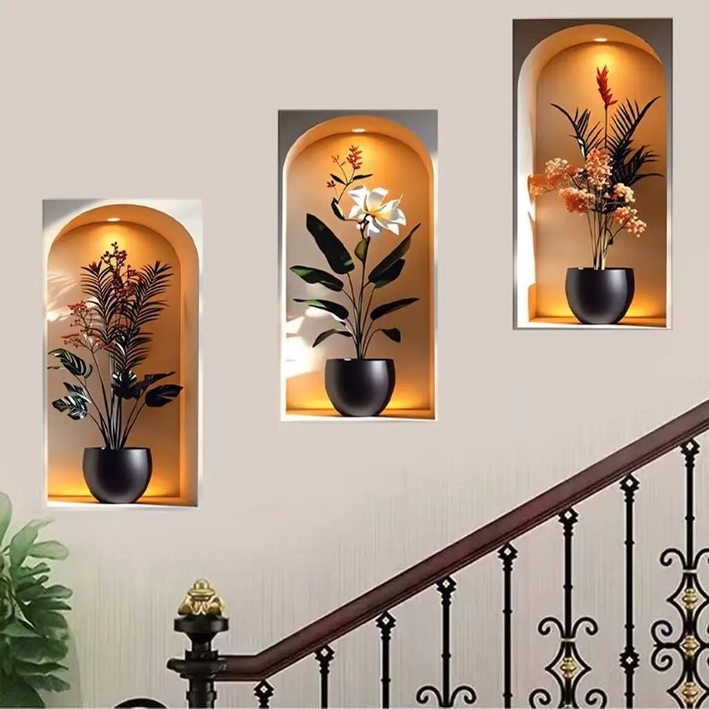 Three-Piece Elegant Tropical Plant Flower Wall Stickers Set, Removable Self-Adhesive PVC Wallpaper, Bohemian Floral Leaf Decals