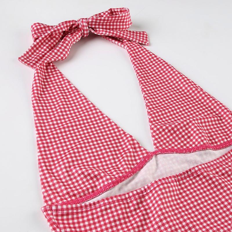 Summer Y2K Plaid Halter Deep V Backless Sleeveless Vest, Vintage Sweet Spicy Chic Fashion Style Tie Back Small Tank Top for Women