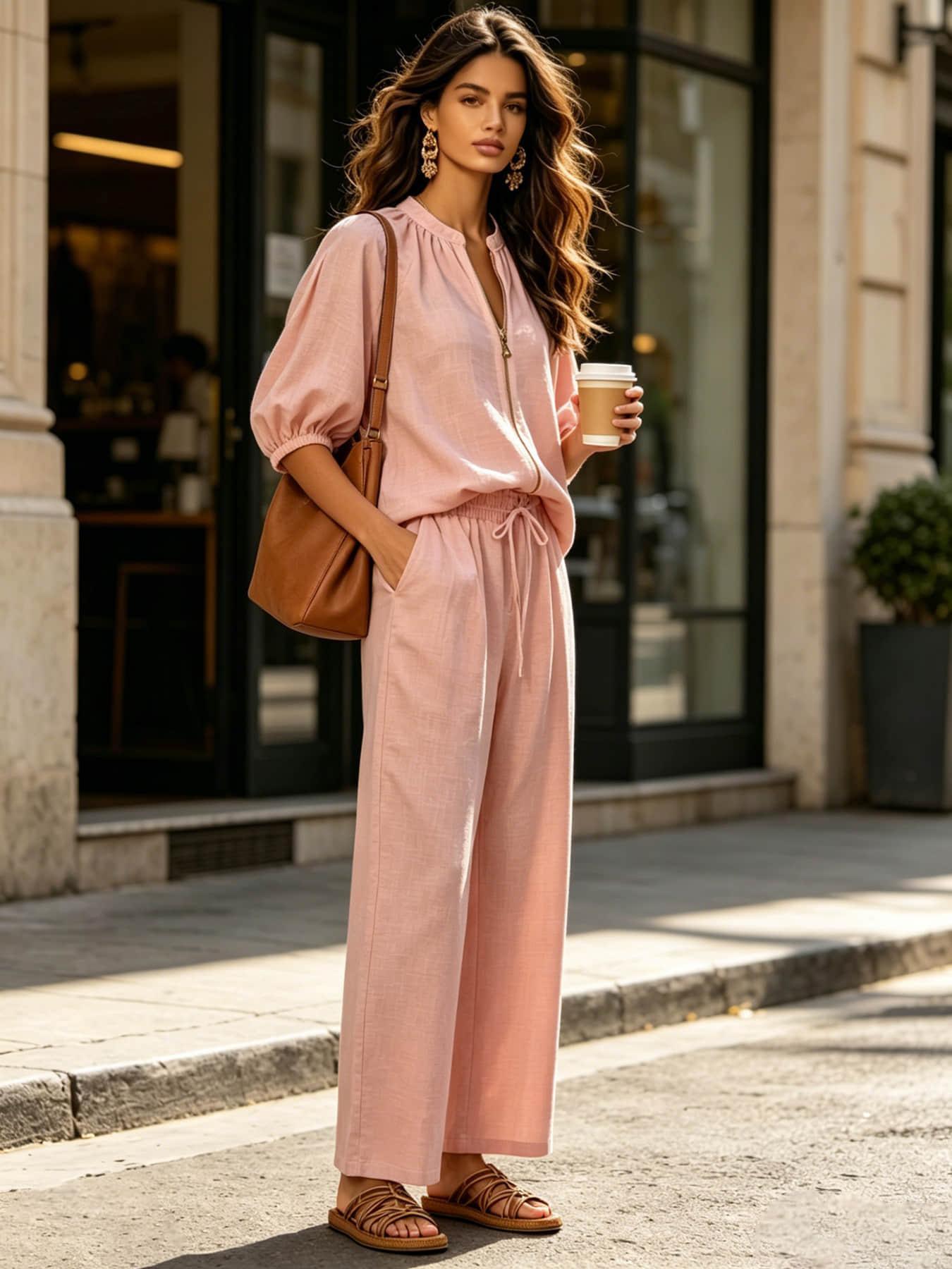 Two piece set of women's vacation casual basic fashion palazzo set Pants Sets Clothes solid color zipper round neck wide leg pants, suitable forallseasons, suitable for vacation, Outdoor, indoor and outdor wear.