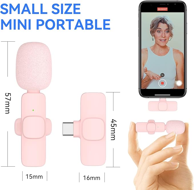 Pink Wireless Lav Microphone for iPhone & Android - Mini Clip-On Mic with Noise Cancellation, 65ft Range, 8H Battery, USB-C/Lightning - for TikTok, YouTube, Podcast, Live Streaming