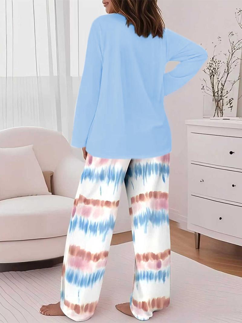 Women's Printed Round Neck Long Sleeve Top with Gradient Print, Comfortable Soft Pants Set, Casual Home Wear, All Seasons