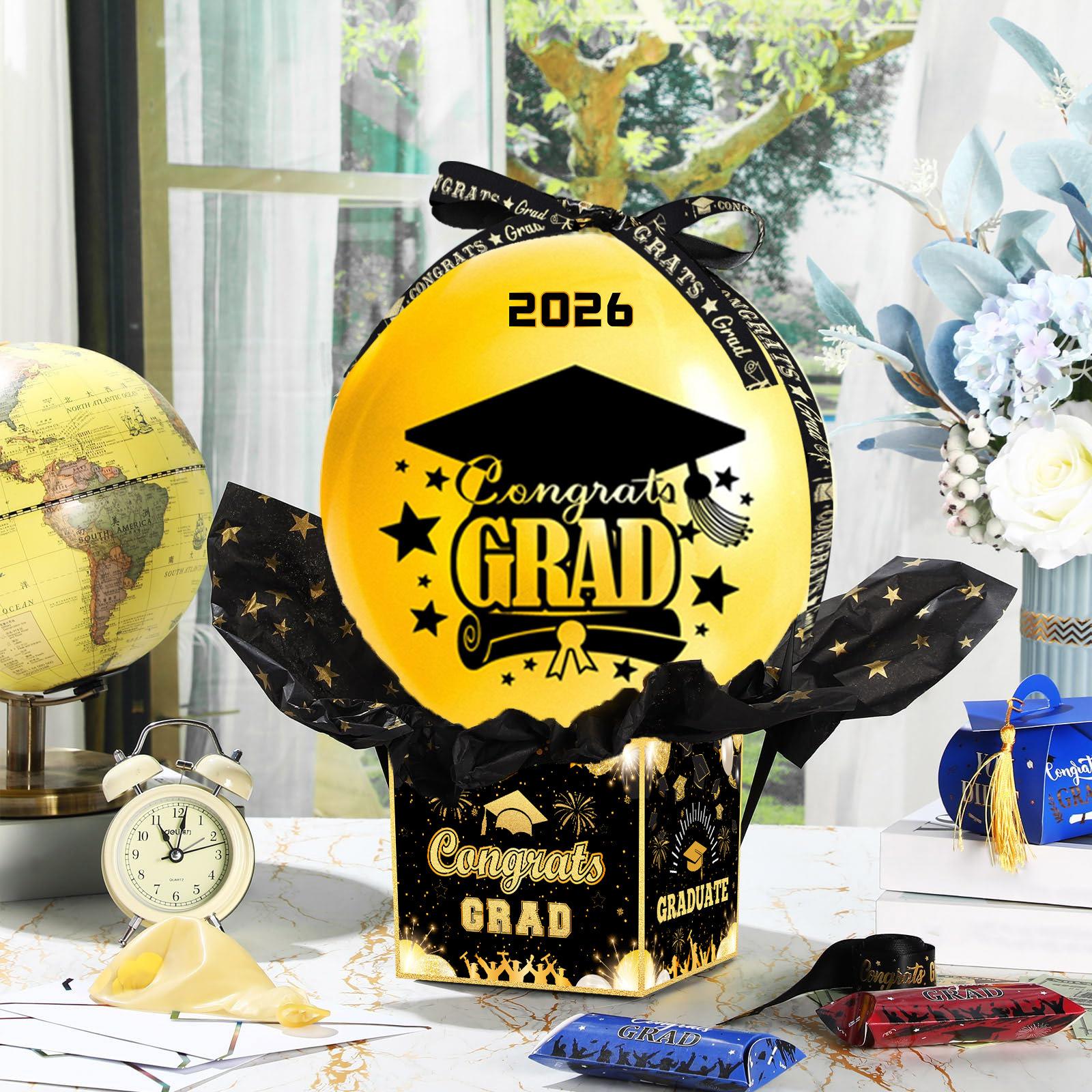 2026 Graduation Surprise Balloon Gift Box, Black And Gold Graduation Balloon Money-Extracting Gift Box, Used For Graduation Party Decorations, Party Games, Raffle Giveaways, And Personal Gift Boxes