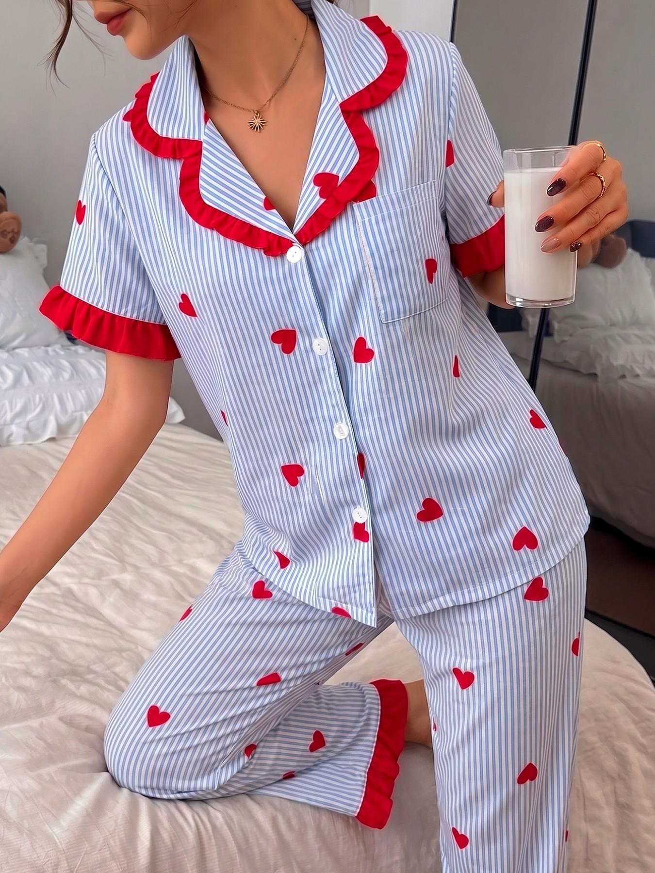 Two-Piece Set S-2xl Striped Heart Print Lapel Collar Open Front Short Sleeve Top + Pants Pajama Set, Comfortable Wear at Home Loungewear