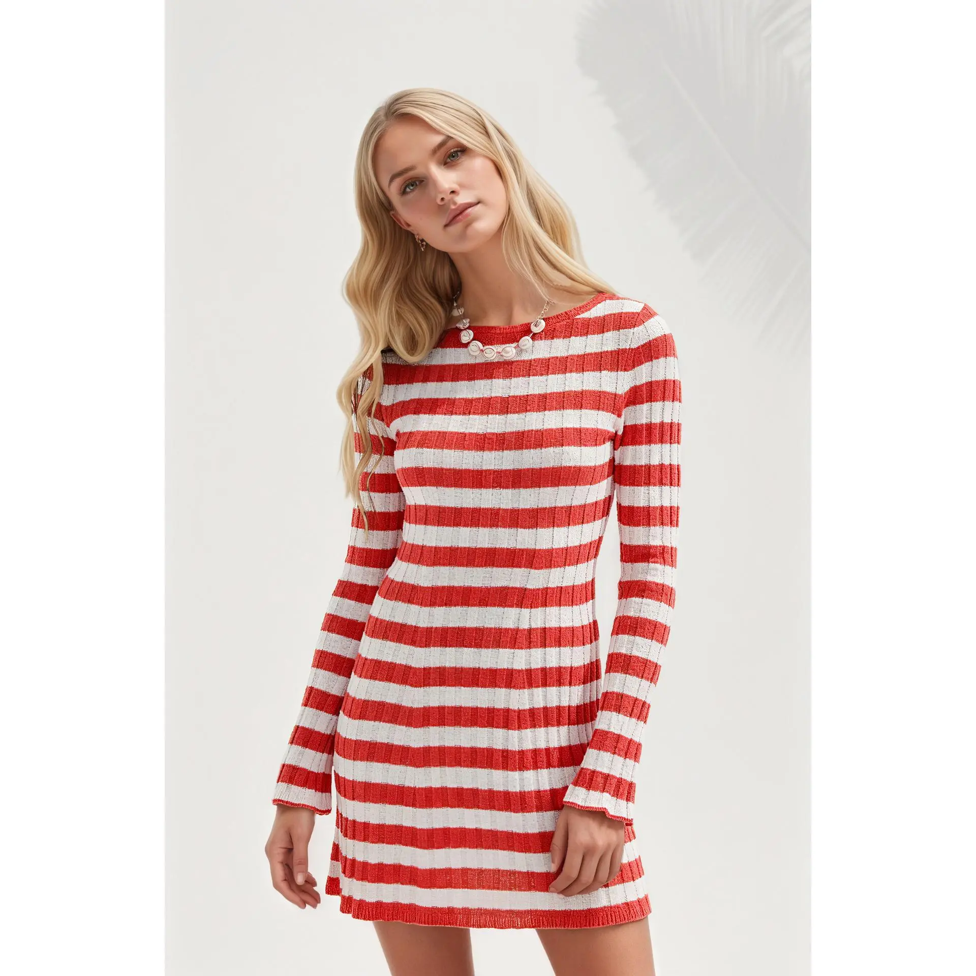 Women's Striped Ribbed Knit Sweater Dress, Crew Neck Long Sleeve Slim Fit Mini Dress, 100% Acrylic Casual Pullover Dress for Fall Winter