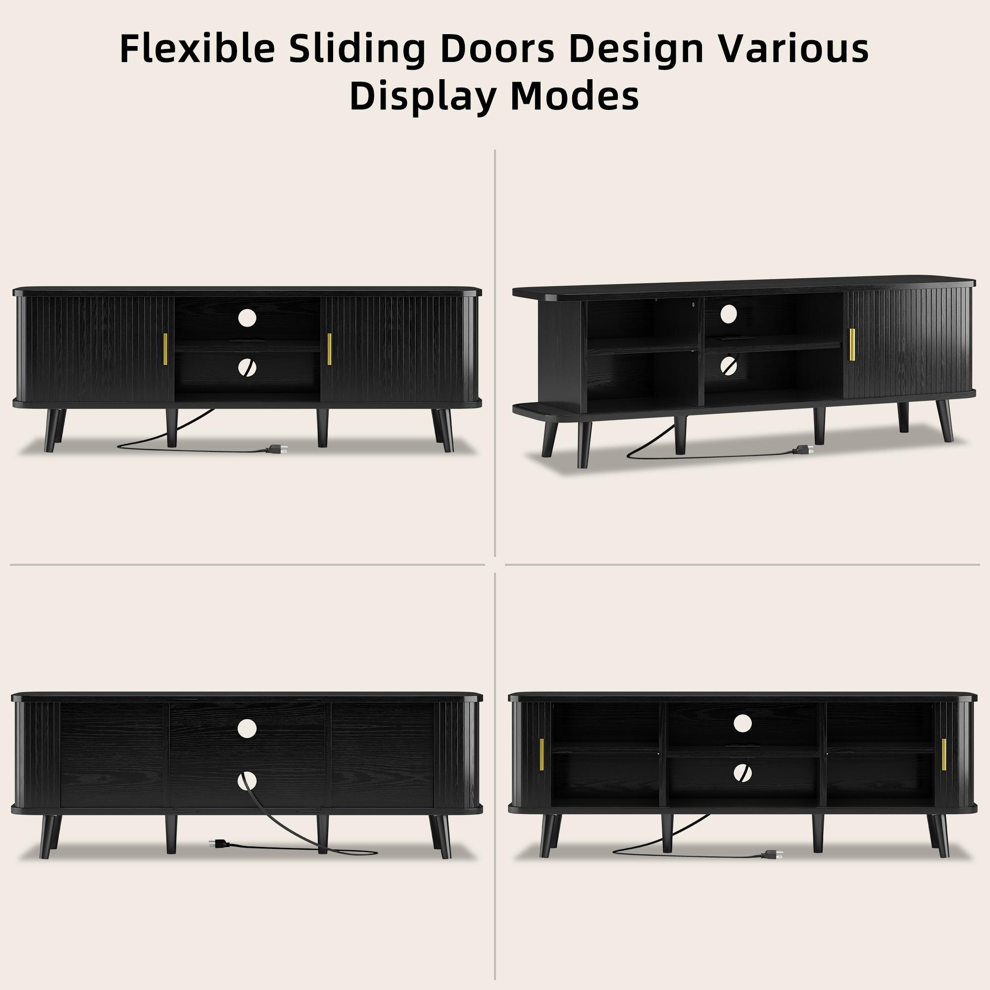 Aowos 59" TV Stand, Fluted TV Stand for TVs up to 65", Entertainment Center with Storage Compartment and Sliding Doors, Modern Media Console with Power Outlet for Living Room