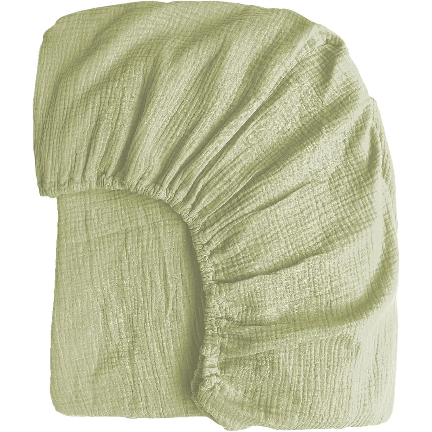 100% Muslin Cotton Sage Green Fitted Sheet Queen Only with 16" Elastic Deep, 1 Pack Soft Breathable Absorbent Gauze Fitted Bottom Sheet, Minimalist Wrinkle Mattress Protector