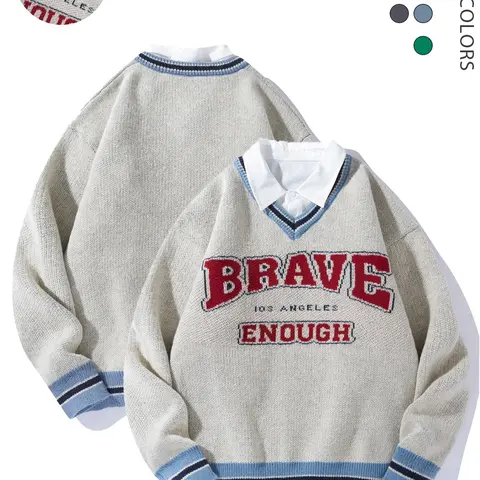 Men's 2-IN-1 Letter Print Drop Shoulder Collared Sweater, Loose Casual Preppy Striped Trim Long Sleeve Button Jumper for Spring & Fall, Fashion Men's Knitwear for Daily Wear