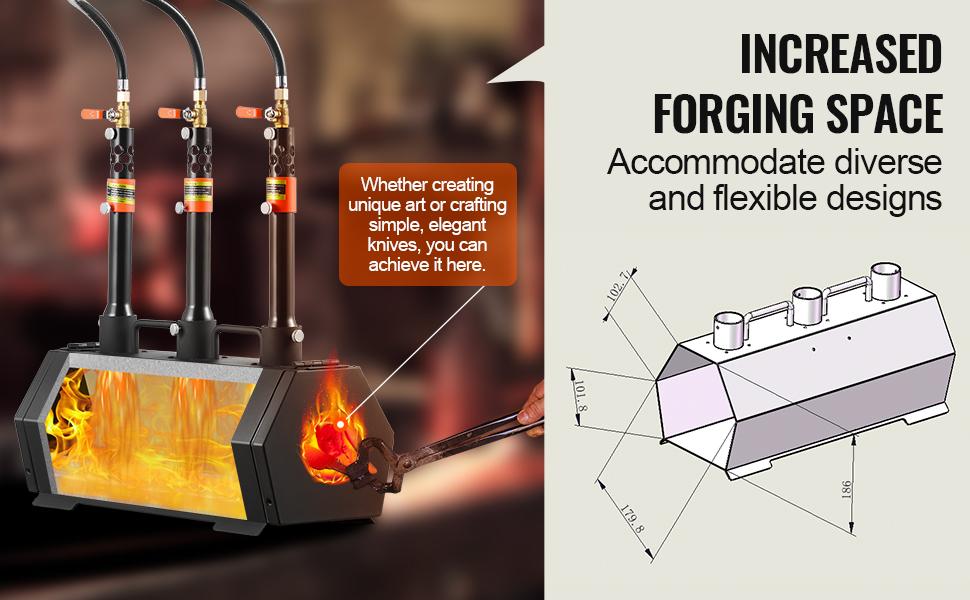 VEVOR Portable Propane Forge, 3 Burner Farrier Forge, 2600 Tool and Knife Making Blacksmithing Gas Forge, Large Capacity Hexagon Cold-Rolled Steel Gas Forging Tools and Equipment for Metal Forging