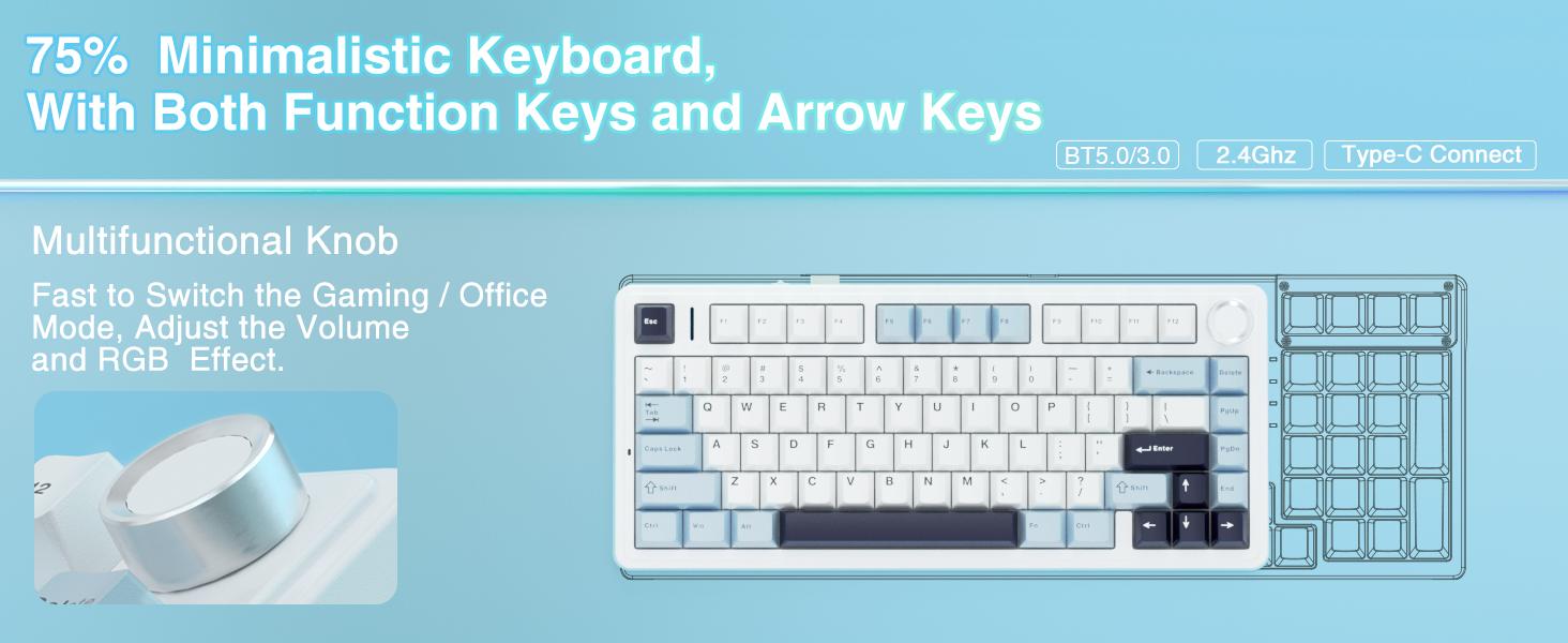Aula F75 Gasket Mechanical Keyboard 75 Layout Wireless Hot Swappable Five Layer Padding Knob Bluetooth 24GHz USBC RGB Lights Perfect for Gaming