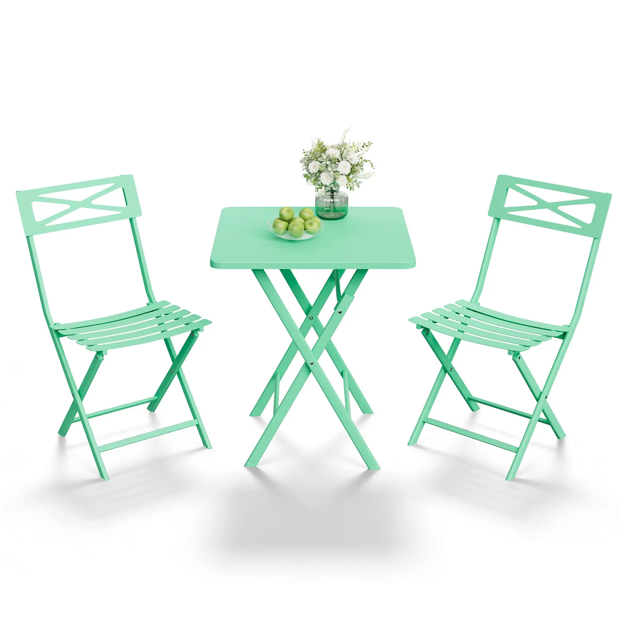 3-Piece Steel Folding Bistro Set with Outdoor Patio Table and 2 Chairs, Square Weather-Resistant Design Ideal for Balcony, Garden, Yard, and Indoor Use in Green