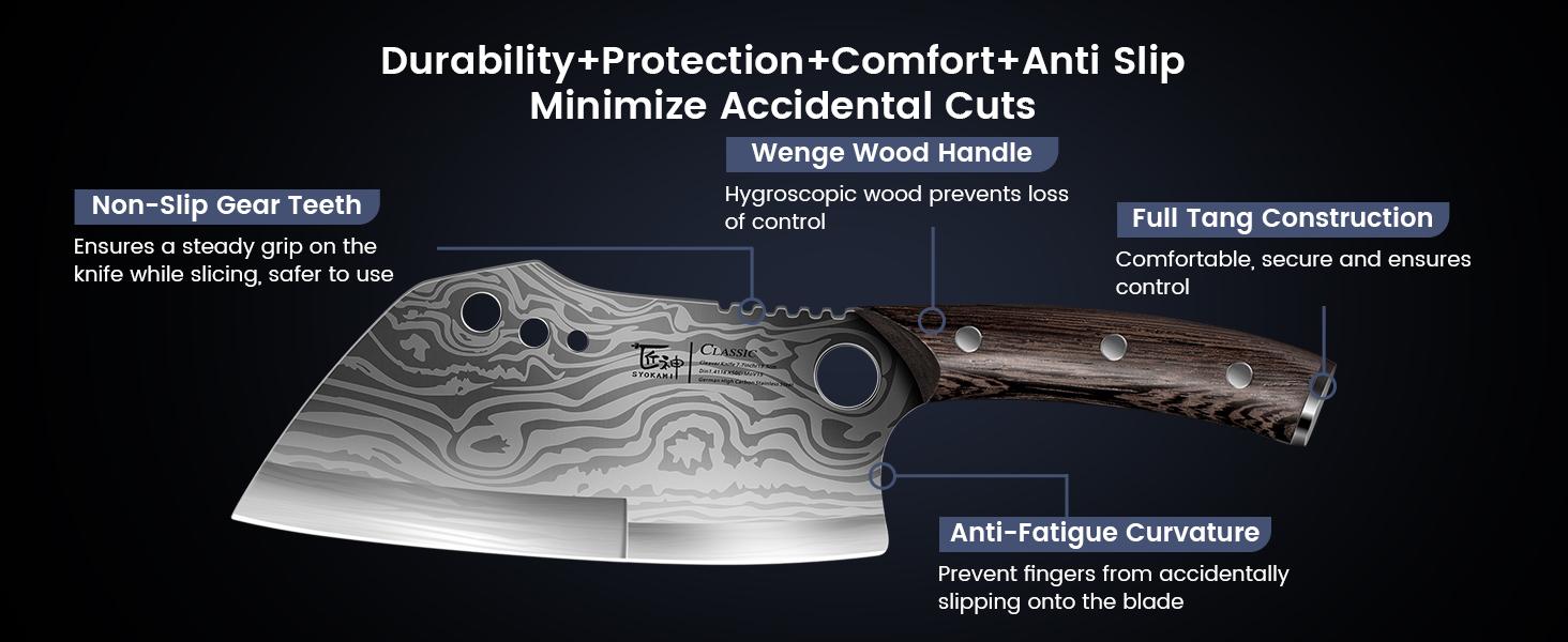 【TikTokShopSpringGlowUp】SYOKAMI Meat Cleaver Chef Knife with Sheath, 7.7 Inch Multifunction Butcher Knife with Herb Stripper, Chopping Knife Heavy Duty Bone Cutting, Damascus Pattern Full Tang Wood Handle, Christmas, Mother's Day Gifts