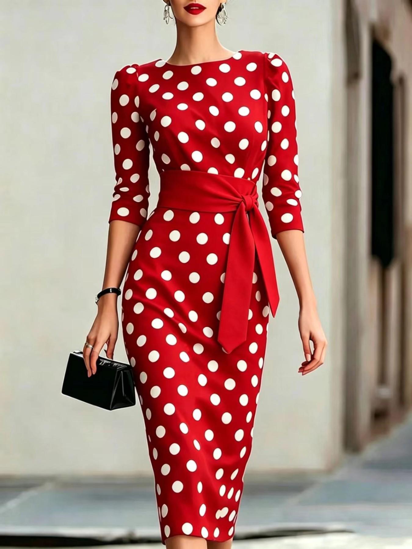 Women's Summer New Fashion Elegant Chic Polka Dot Bodycon Dress with Waist Belt, Stylish and Comfortable, Perfect for Daily Wear