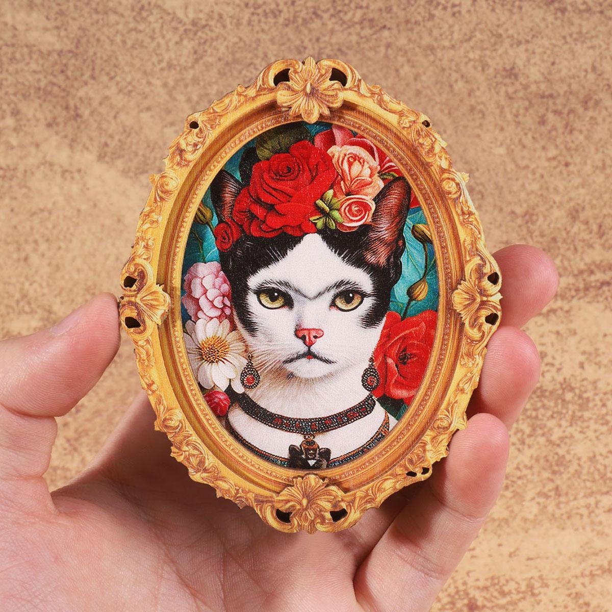 1PC Vintage Cat Art Floral Kitchen Magnetic Fridge Magnet, Oval Frame Refrigerator Decoration, Elegant Home Decor for Cat Lovers, Perfect Gift Choice