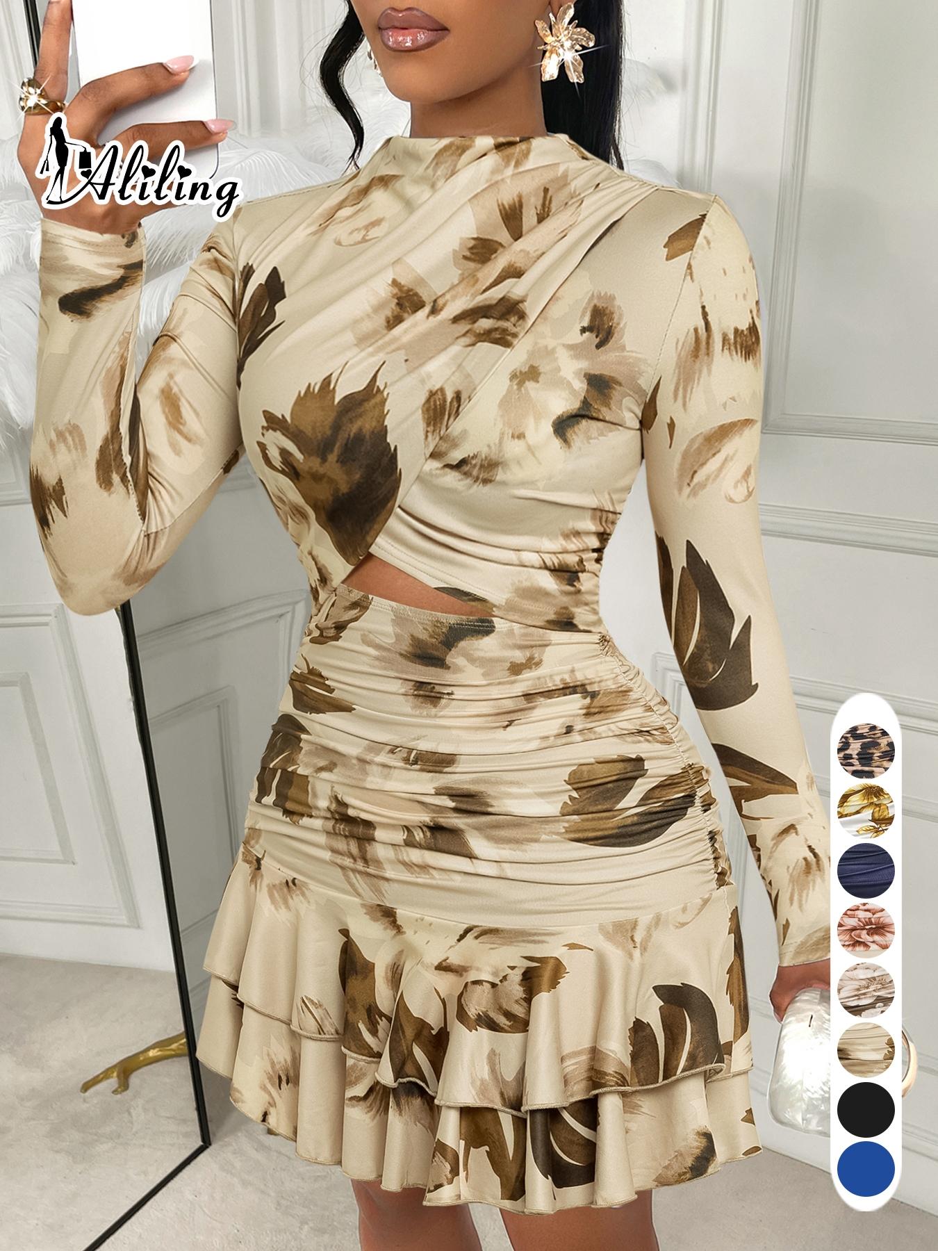 Aliling Women's Elegant Floral Print Dress with Stand Collar, Long-Sleeve Hollow-Out Design and Ruffled Hem, Fall Fashion Mini Dress for Parties