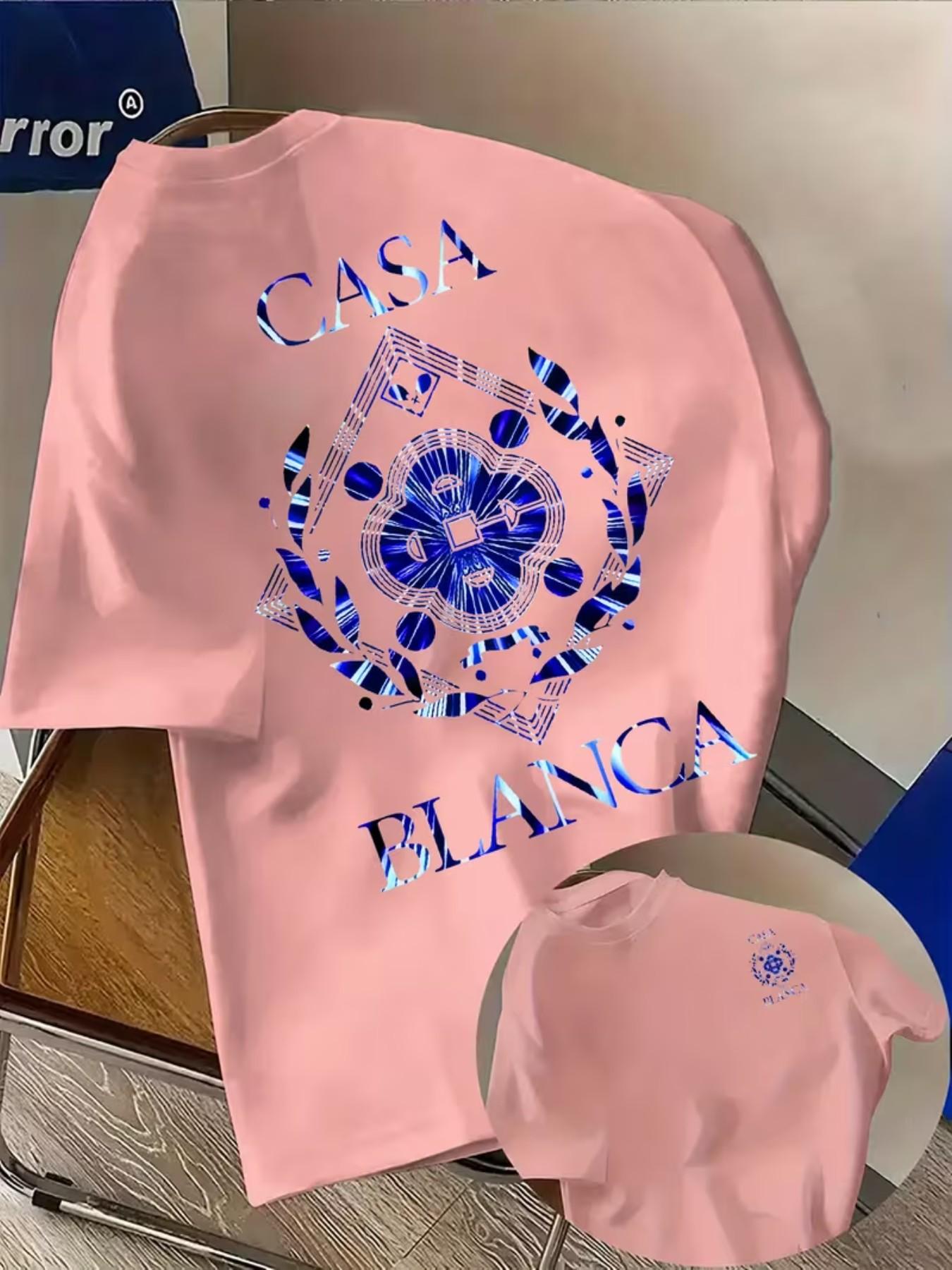 Men's Casual Geometric Print T-Shirt, Casablanca Pattern, Round Neck Short Sleeve, Street Fashion, Soft Polyester Fabric