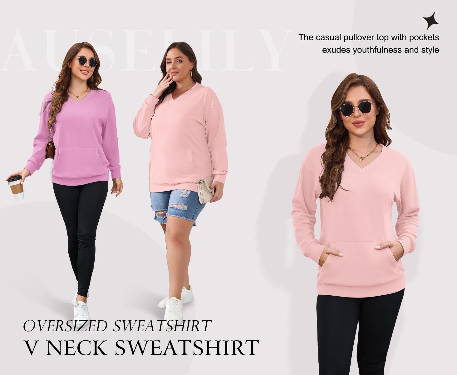 AUSELILY Women's Hoodless V-neck Sweatshirt With Kangaroo Pocket Fleece Longsleeve Oversized Casual Style Shirt AUSELILY Women's Hoodless V-neck Sweatshirt With Kangaroo Pocket Fleece Longsleeve Oversized Casual Style Shirt