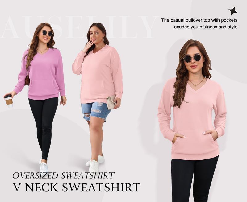 [Spring Restock] AUSELILY Women's Hoodless V-neck Sweatshirt With Kangaroo Pocket  Fleece Longsleeve Oversized Casual Style Shirt