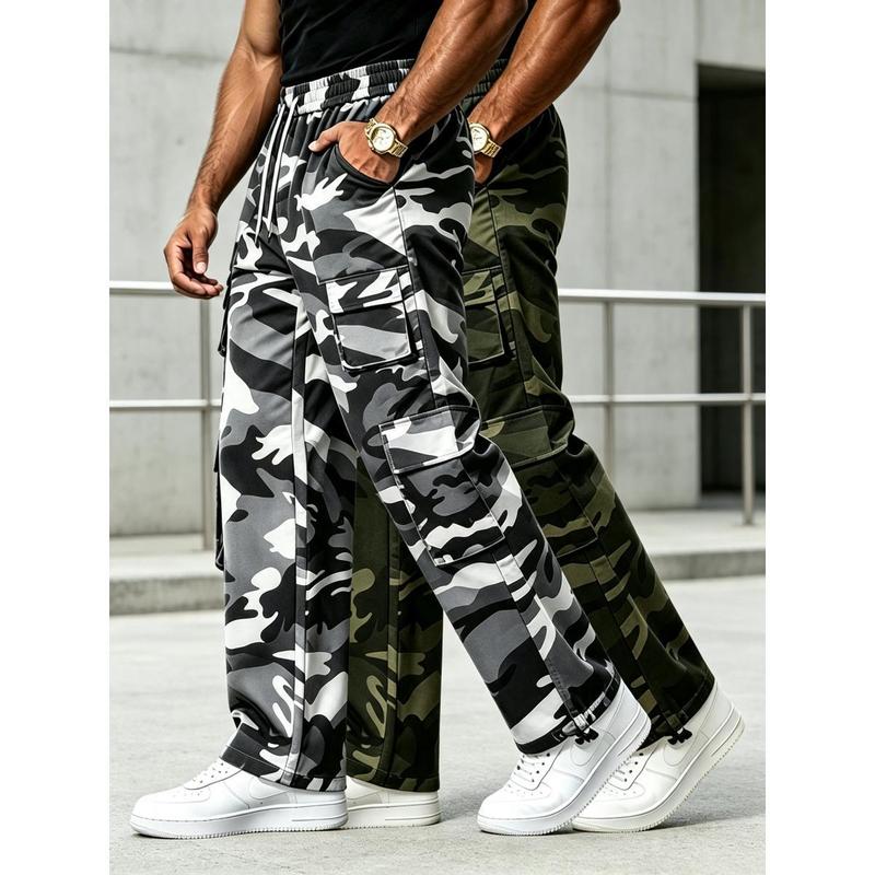 Male 2-Pack Long Length Cotton-Polyester Blend Straight Camouflage Cargo Trousers, Outdoor Street Wear, Modern City Tactical Style, Large Flap Pockets, Stretch Drawstring Waistband, Convertible Ankle Hems, Cold Wash Compatible